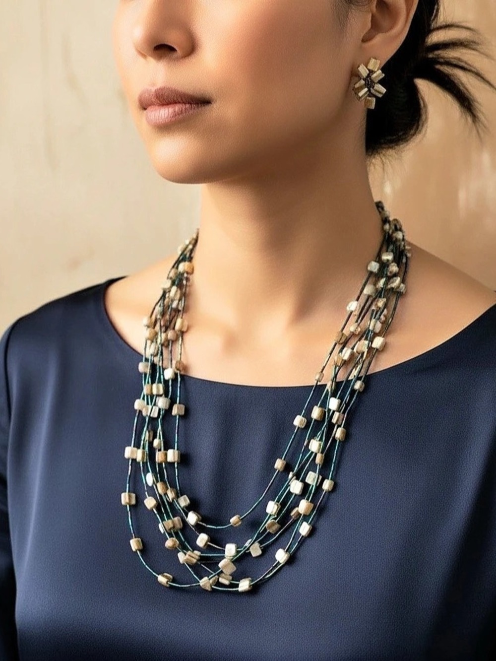 Layered Beaded Statement Necklace with earrings  in Blue & Gold Like New